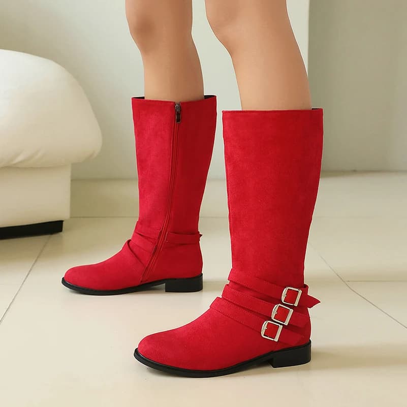 Women's Knee High Boots Three Buckle Strap Decor Suede Mid Calf Boots Zipper Low Block Heel Riding Boots