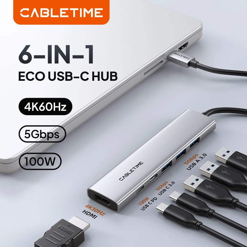 Hub USB Type C CABLETIME 6 in 1 con HDMI 4K, PD, lettore di schede SD/TF, adattatore di ricarica rapida, splitter USB C per MacBook Pro/Air
