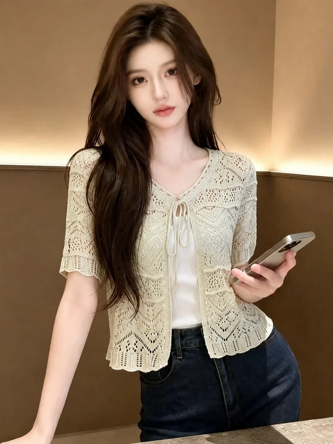 Elegant Hollow out Short Sleeve Knitwear Summer Design Belted Fashionable Korean Style Casual Versatile Sun Protection Top