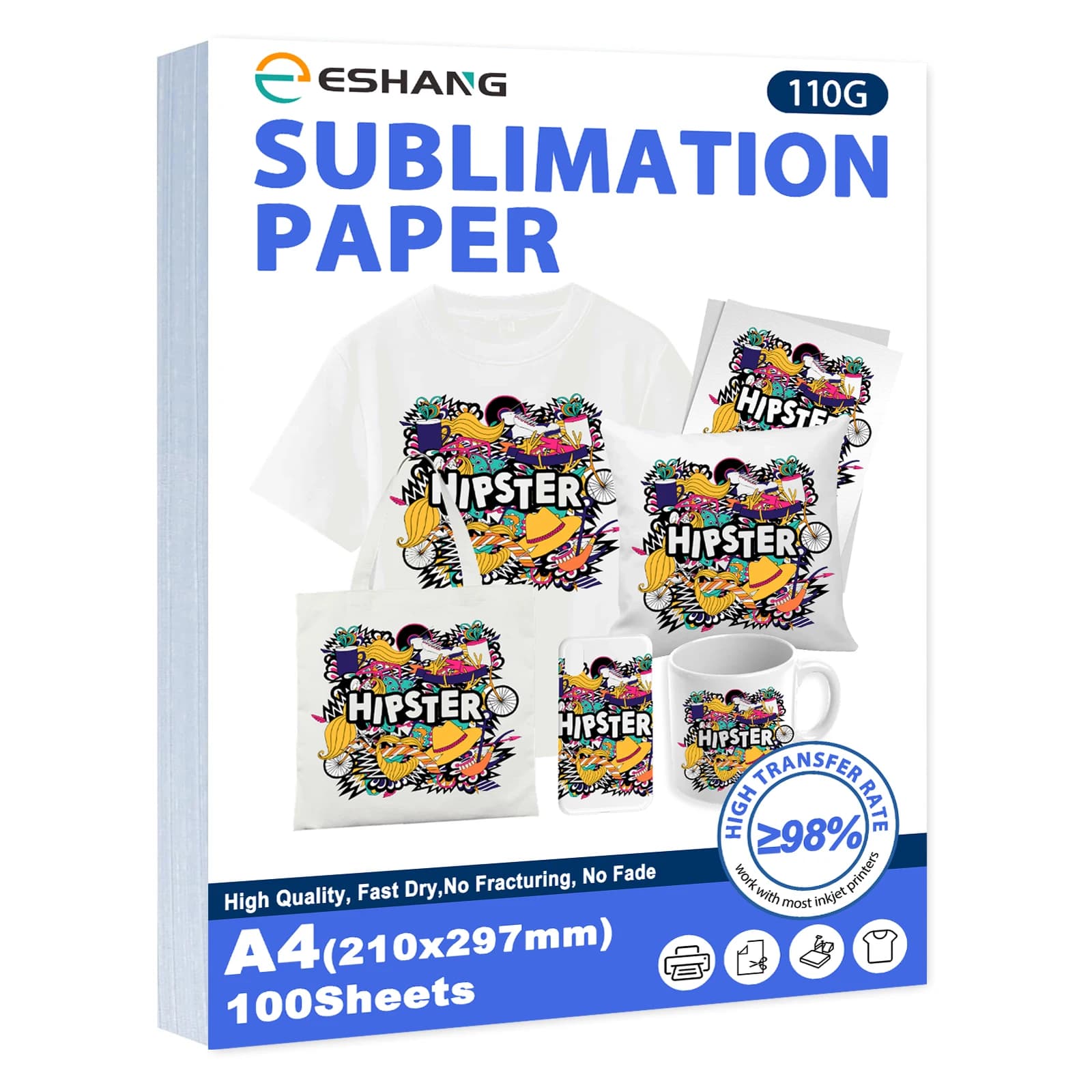 A4 8.3×11.7" 110gsm Sublimation Transfer Paper, 100 Sheets, Fast Dry, Compatible with Inkjet Printers for DIY & Business Crafts