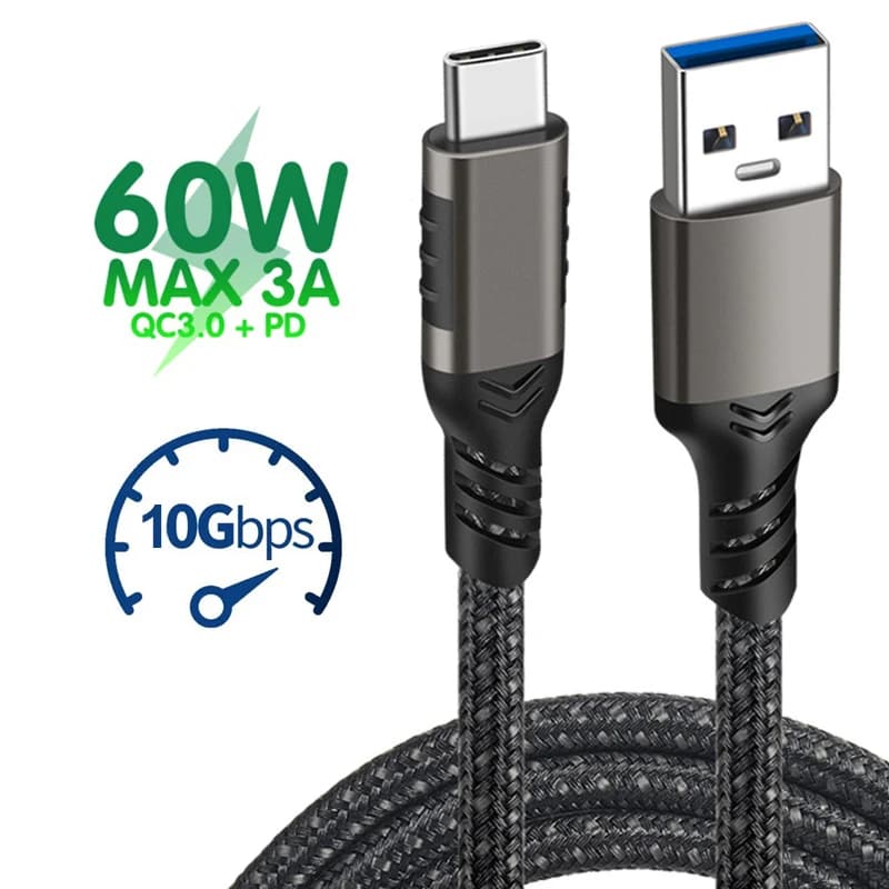 Cavo da tipo C a USB A PD 60W/3A USB3.2 Gen2 10Gbps Trasferimento dati SSD Disco rigido QC 3.0 Cavo di ricarica rapido per Samsung Huawei