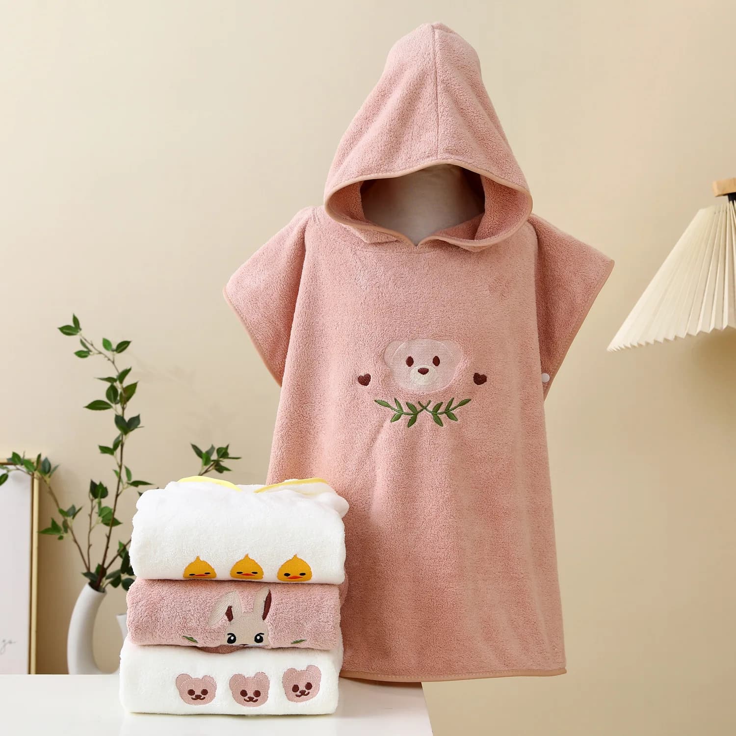 Bathrobe with Korean Style Embroidered Bear Shape Hood, Soft Coral Apple, Towel Absorbent for Children and Newborns