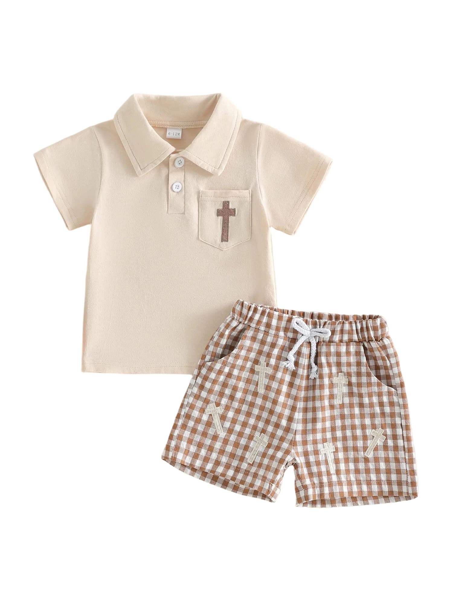 Grazioso Set di Pasqua per Bambini in 2 Pezzi con Camicia a Maniche Corte Ricamata con Croce e Pantaloncini a Quadri - Perfetto per la Primavera