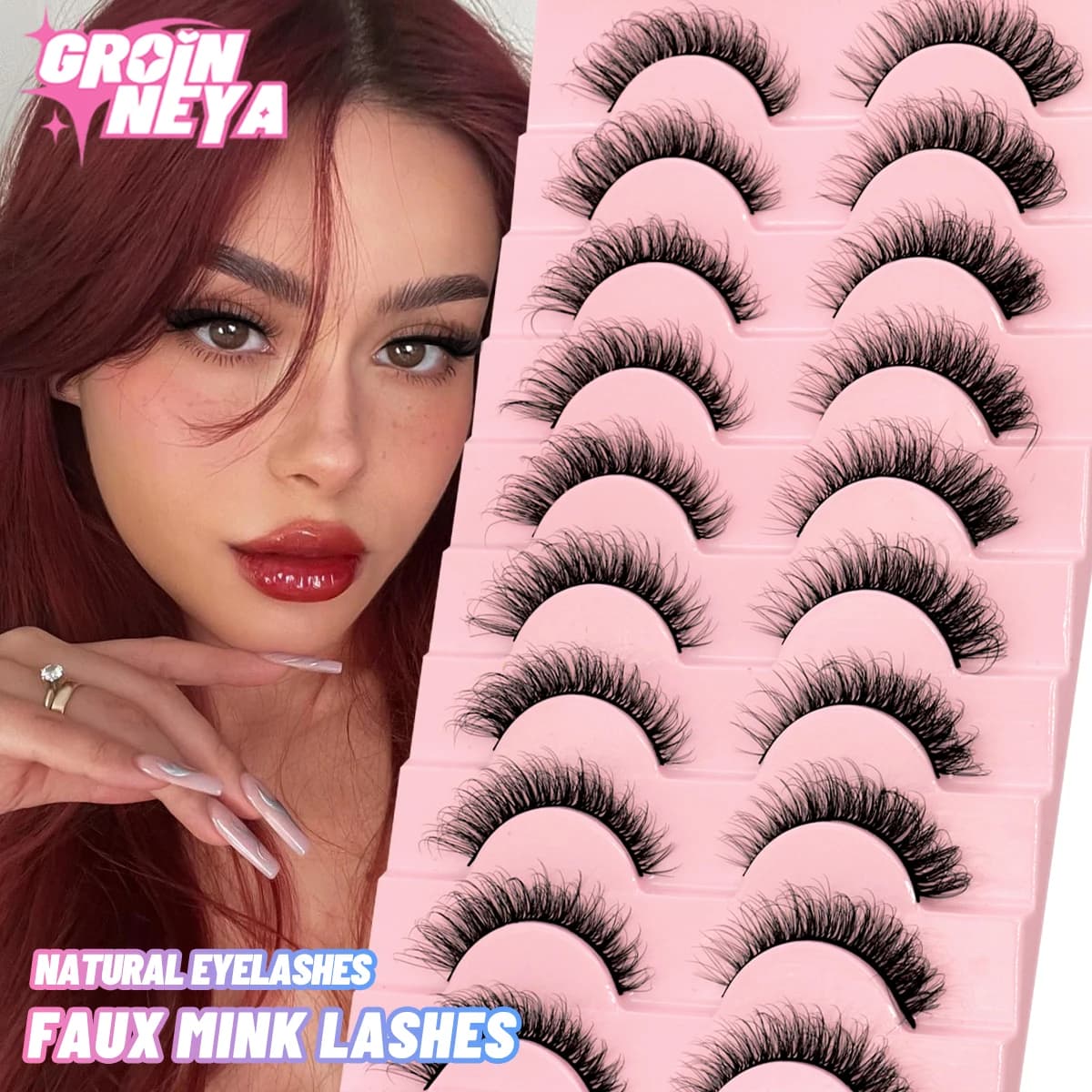 GROINNEYA Natural Long 10 Paia 3D Visone Eyelashes Fake Eyelashes Court