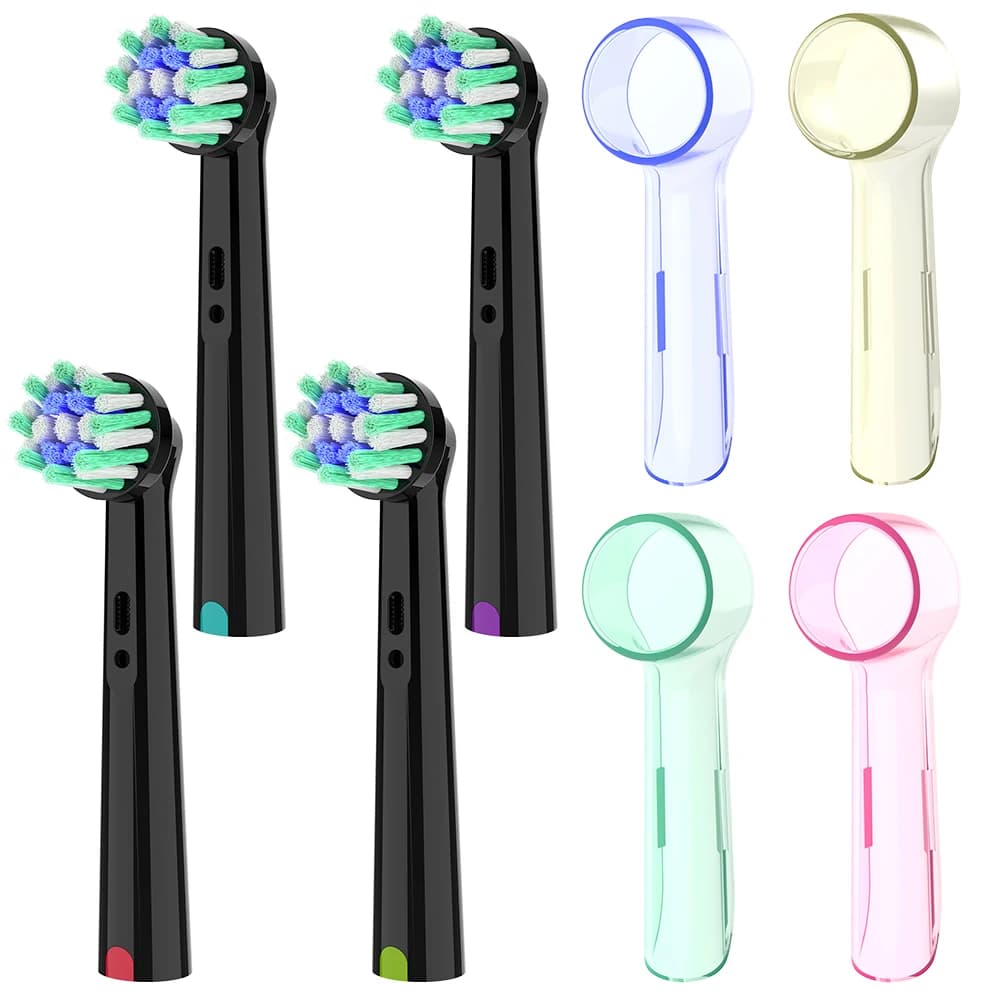 4 cross action toothbrush heads and 4 dust cover for toothbrush heads compatible with Oral B electric toothbrush, for 1000 8000