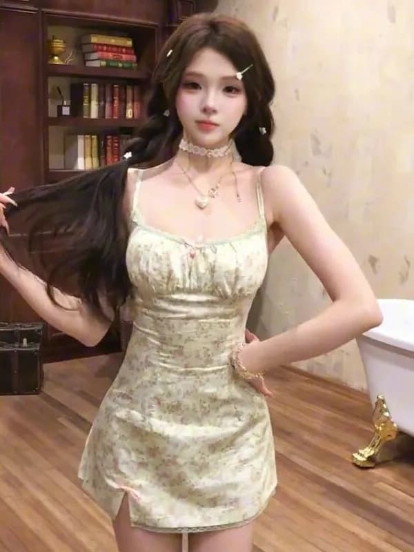 Sweet Style Pink Floral Print Strap Dress Women's Short Skirt Slimming Effect Spring Summer New Arrival Bodycon Dress