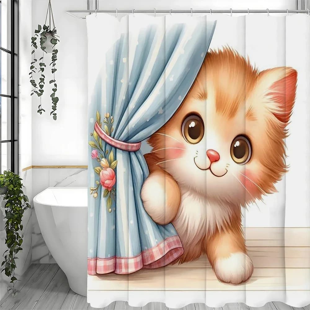 Tenda da doccia con tenda per gatti carini, tenda da doccia decorativa per bagno, tenda da doccia impermeabile con ganci