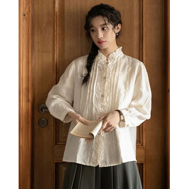 Camicetta da donna taglie forti, elegante, primaverile autunnale, in cotone e lino, plissettata, con pizzo floreale, stile artistico per il commuting, a maniche lunghe