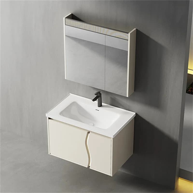 Set Mobile Bagno Moderno da Parete, Armadietto in Compensato Resistente all'Acqua, Lavabo Integrato in Ceramica, Specchio, Garanzia 5 Anni