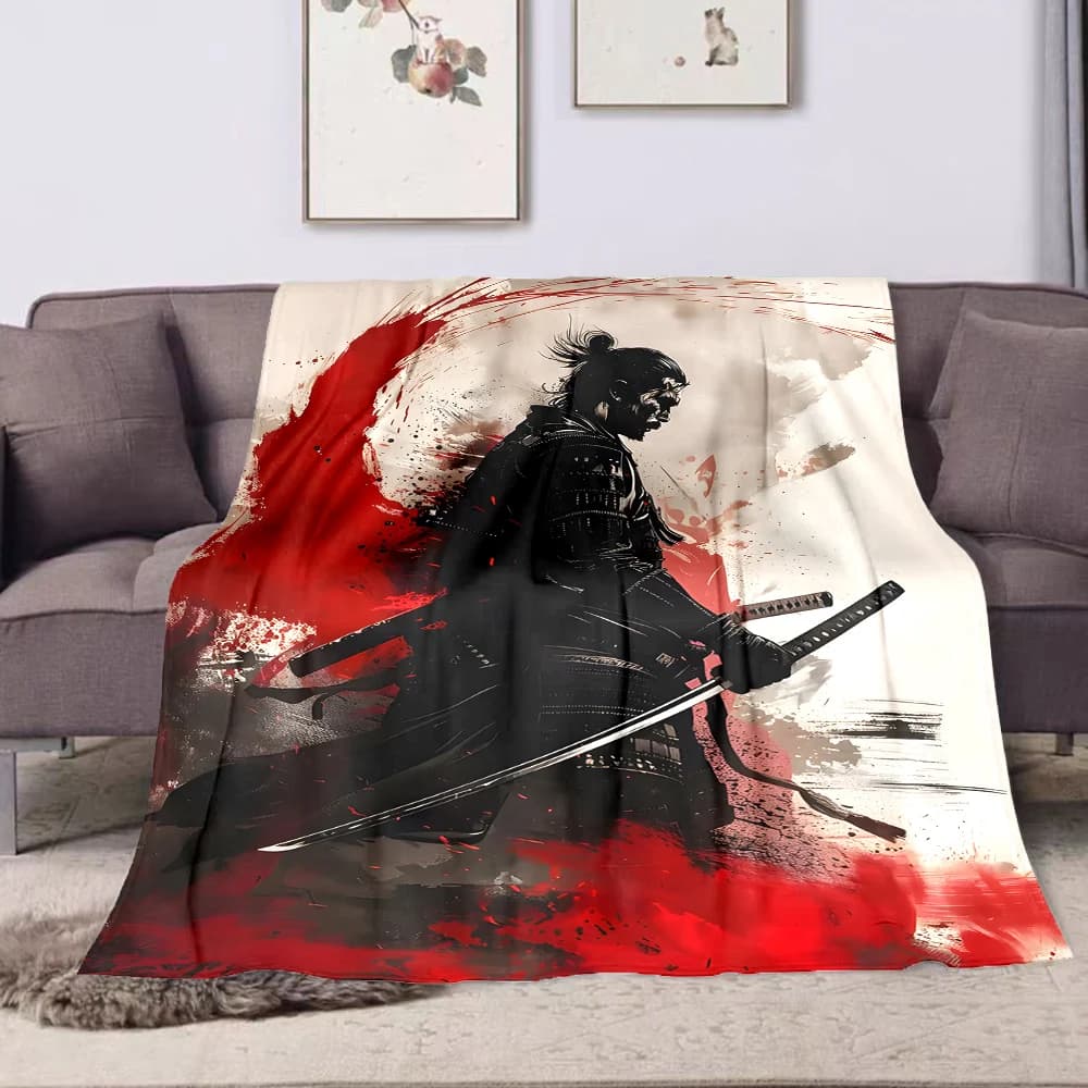 1 coperta con silhouette di samurai con sfondo rosso stampato, coperta multiuso per tutte le stagioni, adatta per divano, campeggio, viaggi, camper
