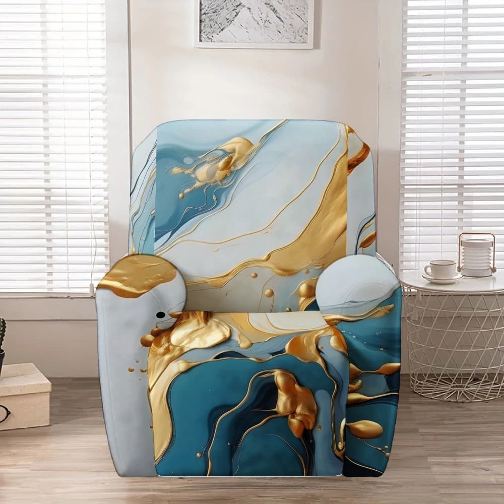 Teal Blue Gold Fluid Marble Abstract Print Stretch Recliner Chair Cover, Removable Washable Full Wrap Lazy Sofa Slipcover