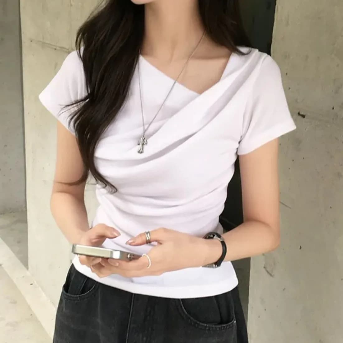 Elegant Shoulder Bared Short Sleeve T Shirt Women's Summer Slim Fit Pure Color Casual Style Polyester Fiber Comfortable Breat...