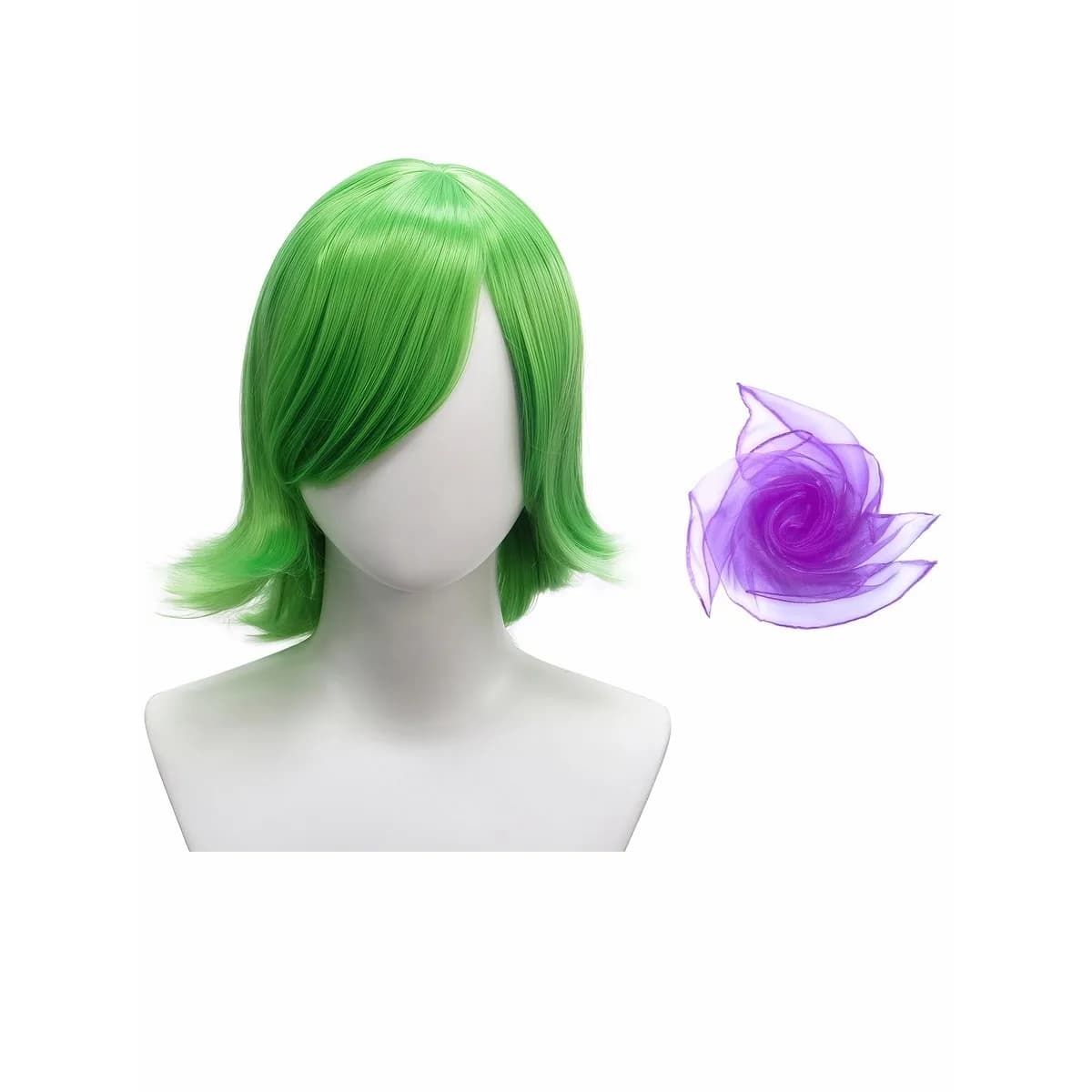 Green curled short wig Disgust with purple silk scarf - Synthetic fibre for cosplay and parties