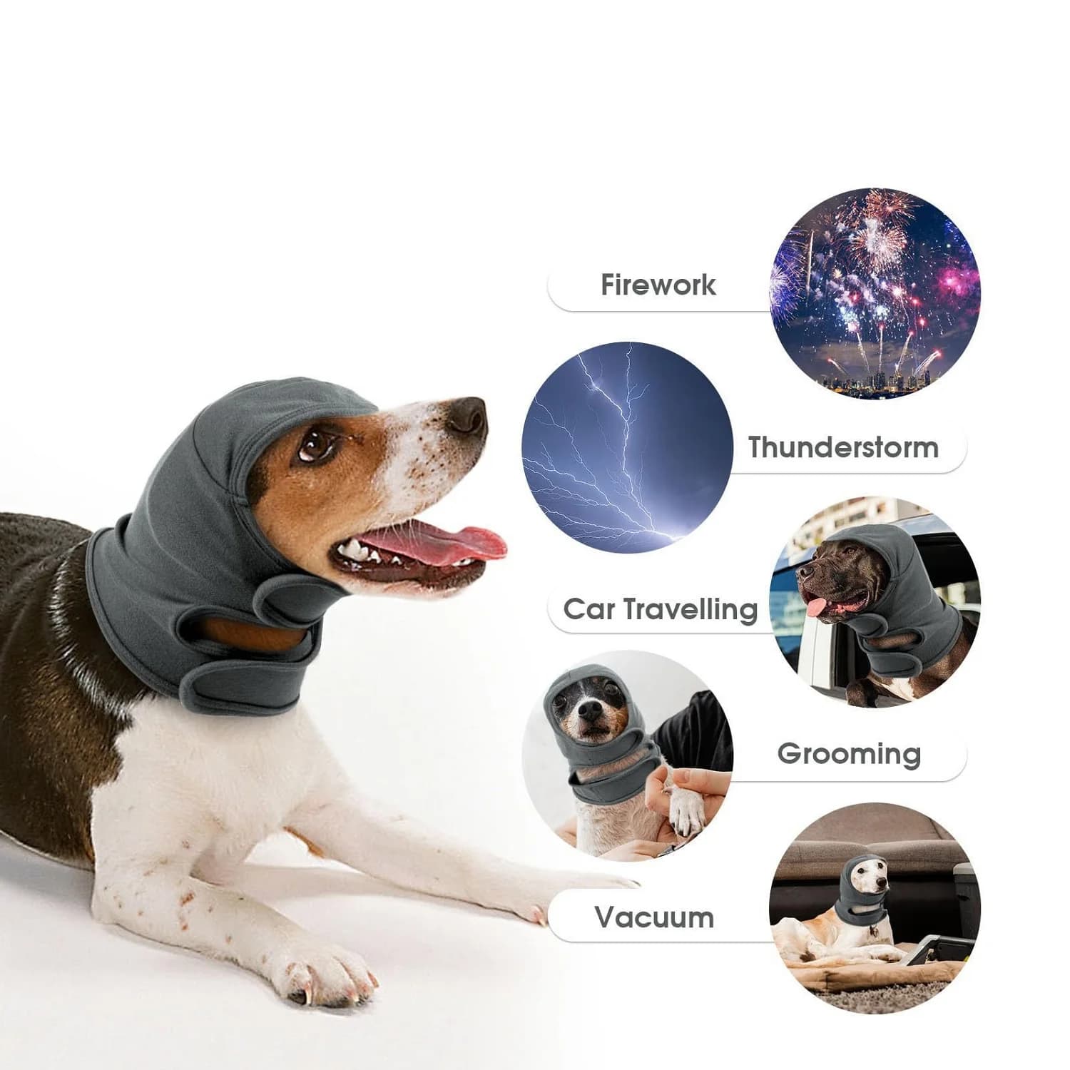 Copertura per le orecchie del cane per alleviare l'ansia, cappuccio calmante per cani regolabile per toelettatura, asciugatura del bagno, fascia per le orecchie della testa dell'animale domestico senza agitazione per
