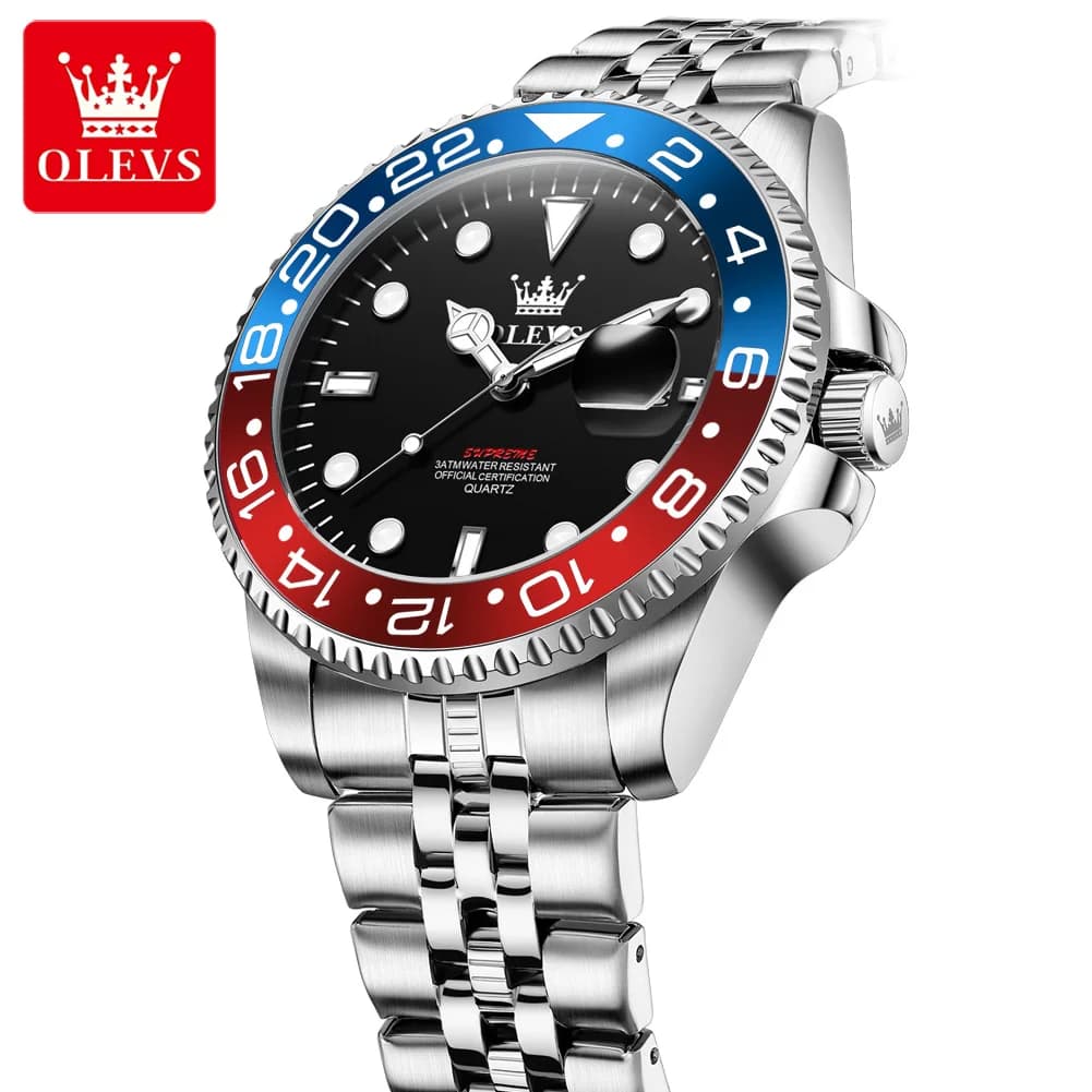 OLEVS Orologio al quarzo di lusso in acciaio inossidabile Classico blu rosso Cerchio Serie Lente d'ingrandimento Calendario Orologi da uomo Reloj Hombre