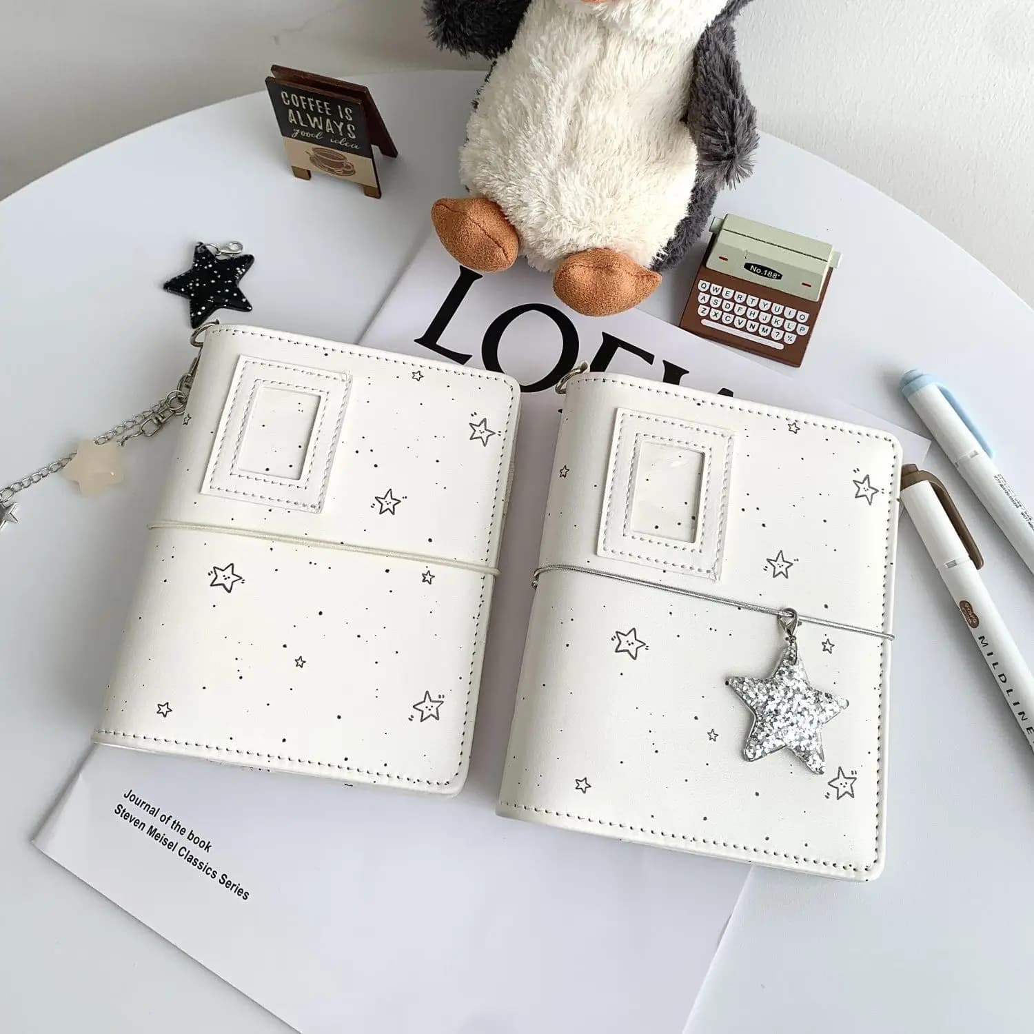 M5 White Star Notebook Soft Leather Loose Leaf Binder Notepad Portable Pocket Photo Album Diary DIY Travel Journal Daily Planner