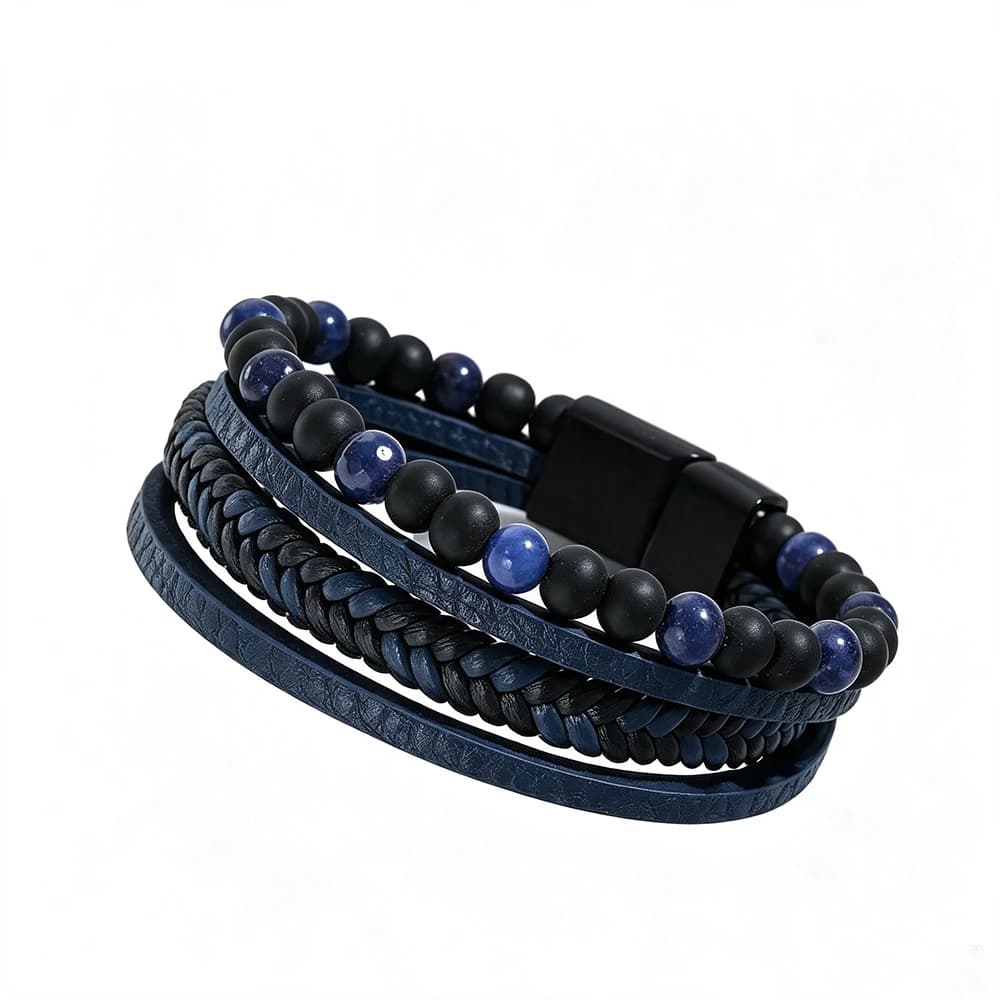 Men Multi-layer Blue Leather Bracelet Sodalite Bead Braided Wristband Magnetic Clasp Punk Male Bracelet Jewelry