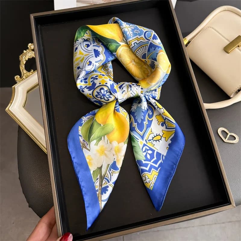 2026 new square silk scarves with fruit print for women decorate neck tie 70*70 cm handkerchief Lady Summer Beach Hijab female neck handkerchief