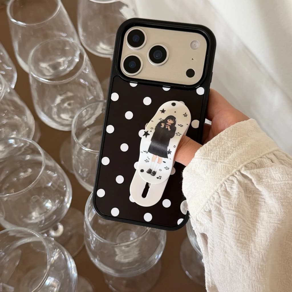 Cartoon Nero Bianco Punto d'onda Anime Girl Cerotto telescopico con supporto Custodia per telefono per iPhone 17 16 15 14 Pro Max Air