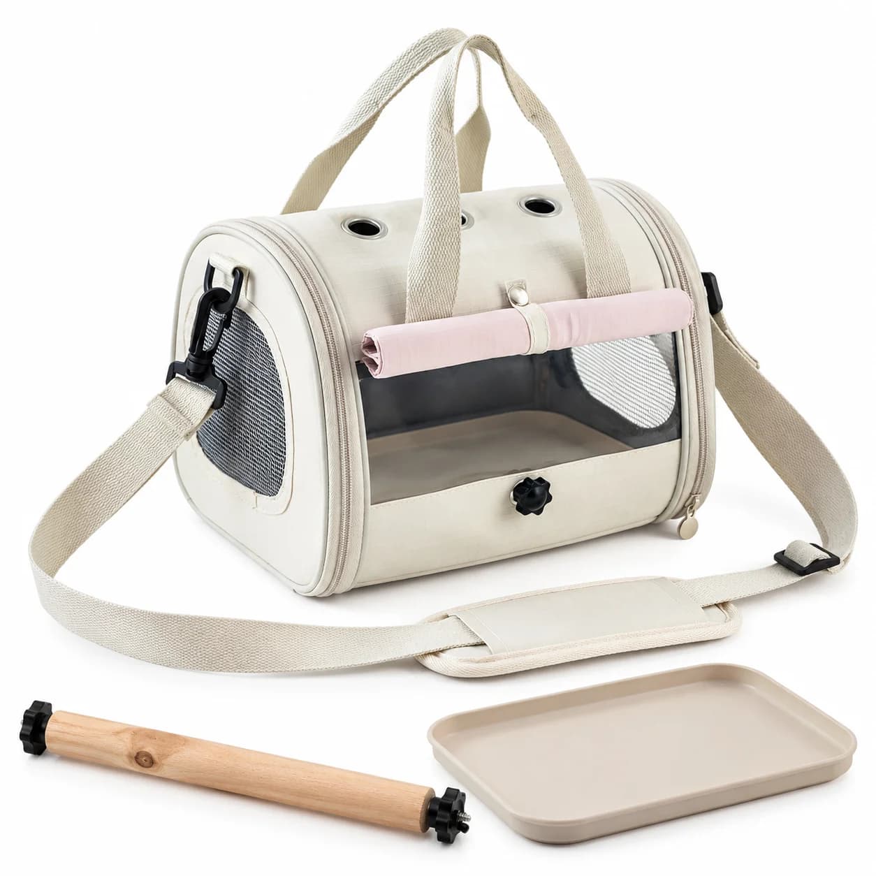 Portable Bird & Small Pet Travel Carrier, Ventilated Transport Bag with Perch, Tray & Shoulder Strap