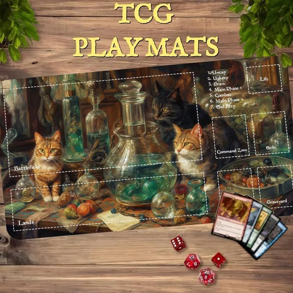 Apothecary Cats MTG Playmat with Zones Commander Card Game Mat 600X350 Non-Slip Rubber TCG Battle Magic The Gathering Play Mats