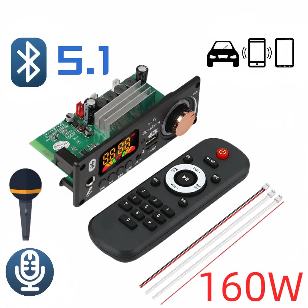 Bluetooth 5.1 Scheda di Decodifica MP3 2*80W 160W Amplificatore Lettore Audio 12V FAI DA TE Lettore MP3 Auto Modulo Radio FM TF USB Mic Registra Chiamata