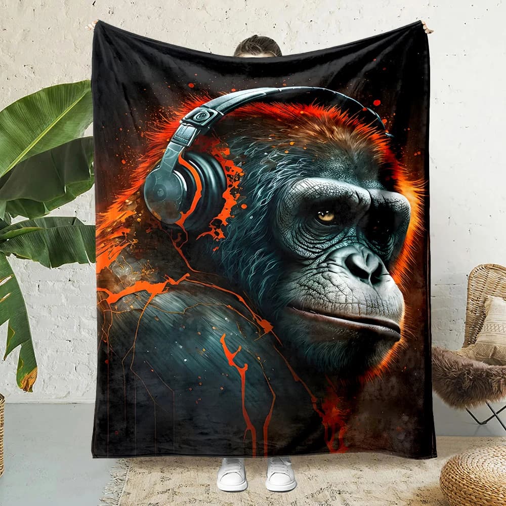 Coperta con stampa gorilla infuocato con cuffie, calda, morbida e soffice, per bambini e adulti, per divano, letto, viaggi, campeggio, camper