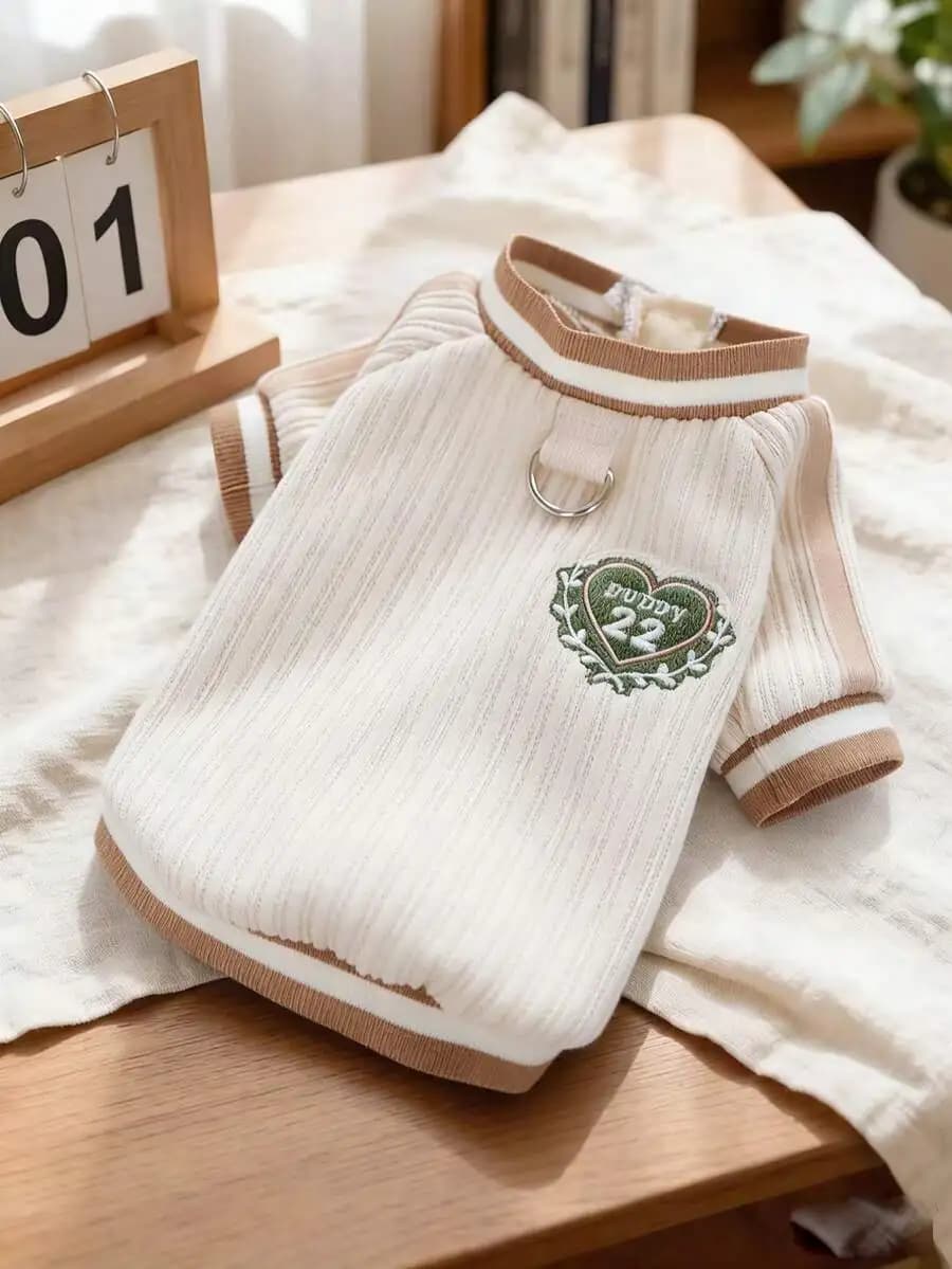 Maglia Sportiva per Animali Domestici con Bordo a Contrasto Ricamato, Cardigan a Righe in Maglia con Cerniera e Anello a D