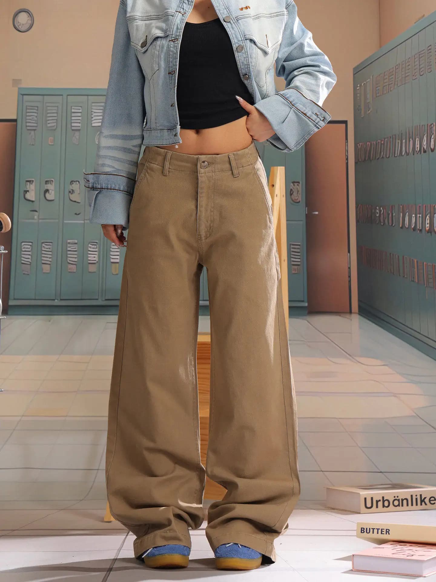 Jeans da donna stile americano azzurro chiaro, effetto vissuto, per pendolari, nuovi, a gamba dritta, lunghi, casual, comodi, in denim, per la primavera.