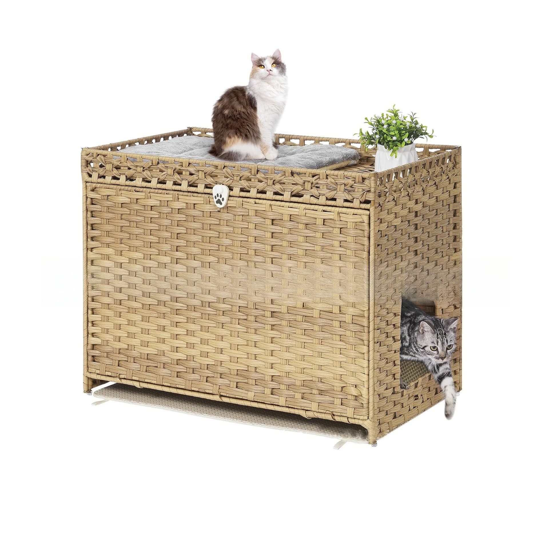 Cuccia per gatti con porta, in rattan, lettiera, mobiletto, contenitore, cuccia per gatti, traspirante e lavabile, anti-pilling, allargata e rialzata