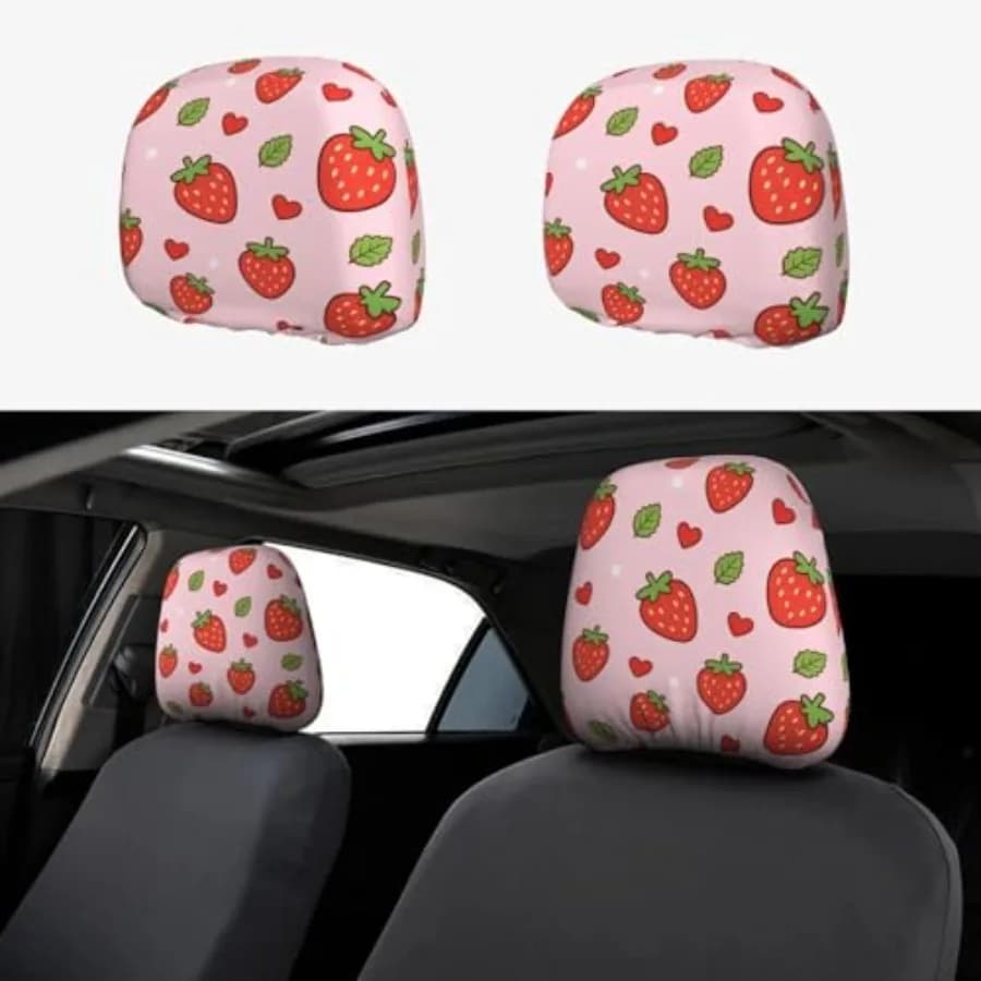 Strawberry Car Seat Headrest Covers Universal Size, Soft Breathable Cute Pink Strawberry Car Accessories