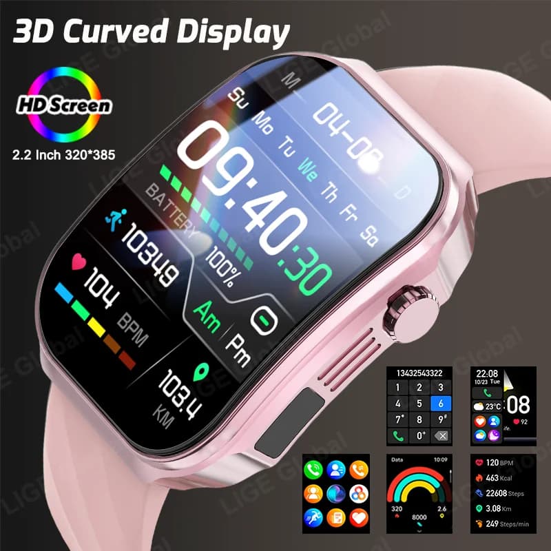 LIGE New Bluetooth Call Smart Watch 2.2" HD Curved Screen Sports Body Temperature Health Monitor Smartwatch For Android IOS 2026