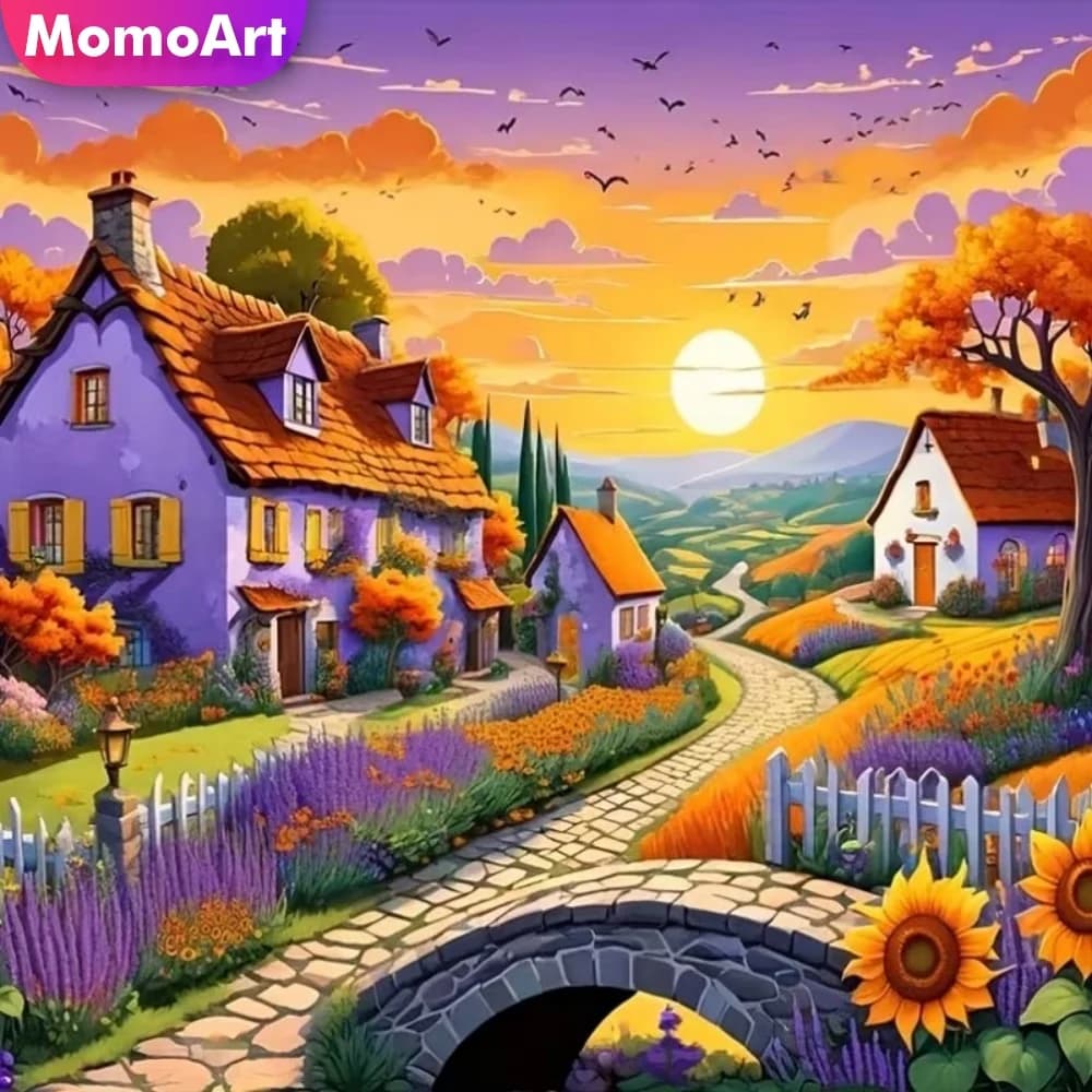 Momoart Kit Pittura Diamante 5D Fai da Te, Paesaggio con Casa, Mosaico Diamantato, Villaggio, Punto Croce, Ricamo Artigianale, Hobby Fai da Te