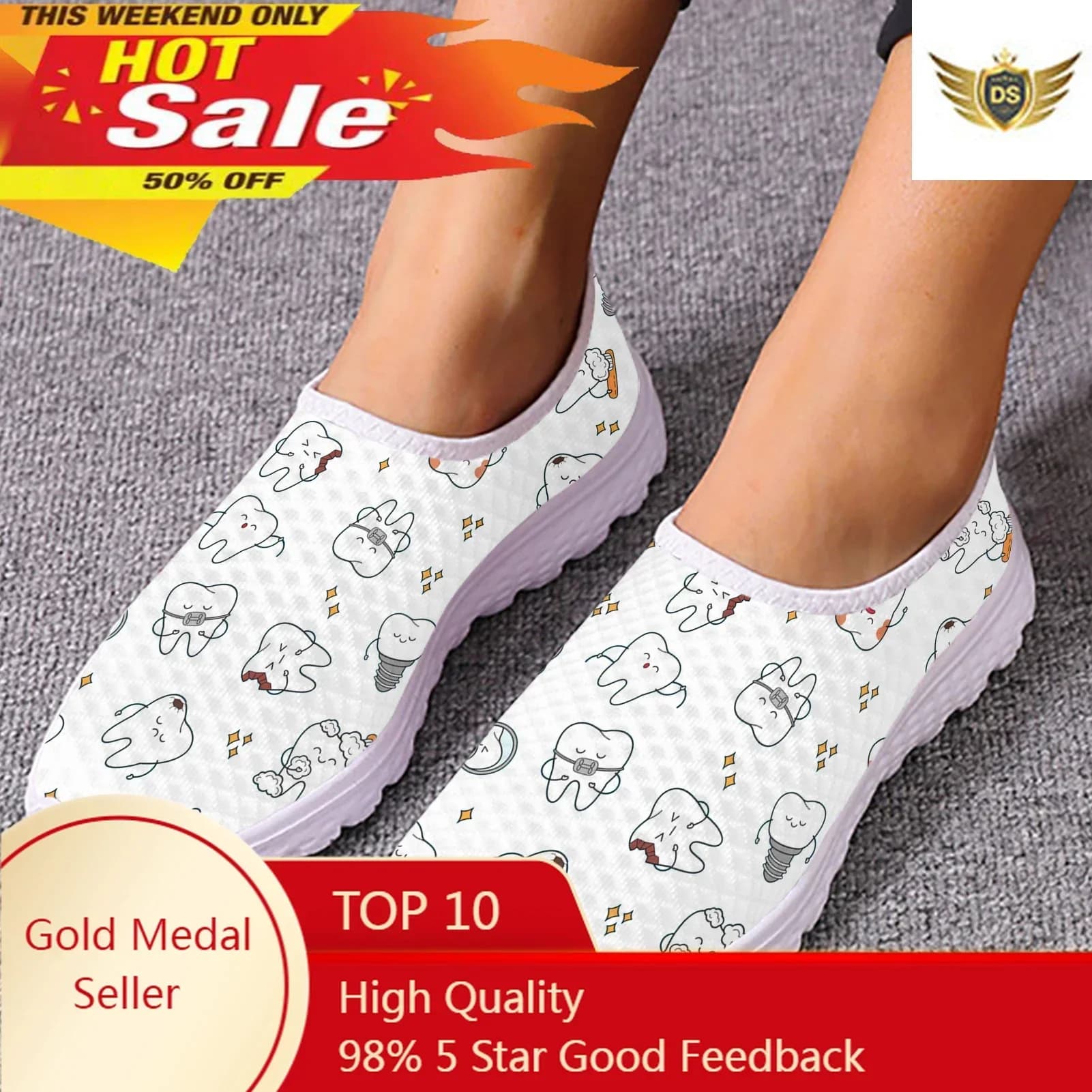 Fashion Dentist Cartoon Women Shoes Low Dente Cartoon Mesh Breathable Sneaker Femme Mocassini brief-on Beachwear
