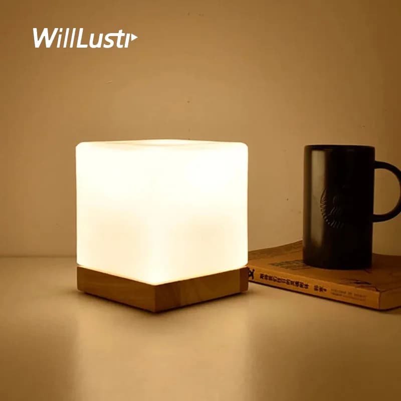 Cubi Table Lamp cubic frosted glass shade oak wood base desk lamp modern nordic minimalism design lamping bedside hotel cafe