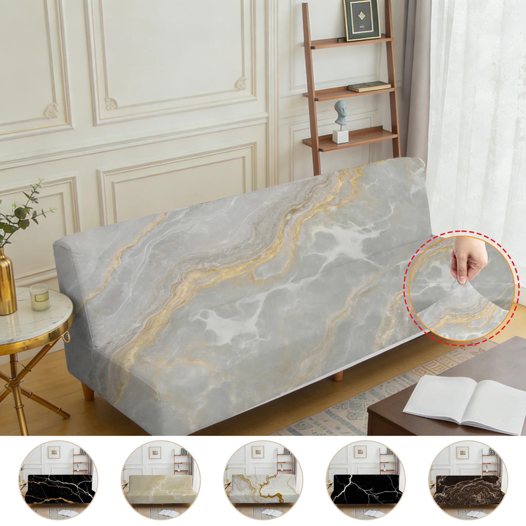 Copridivano elastico stampato senza braccioli, decorazione per soggiorno, motivo marmo moderno e semplice