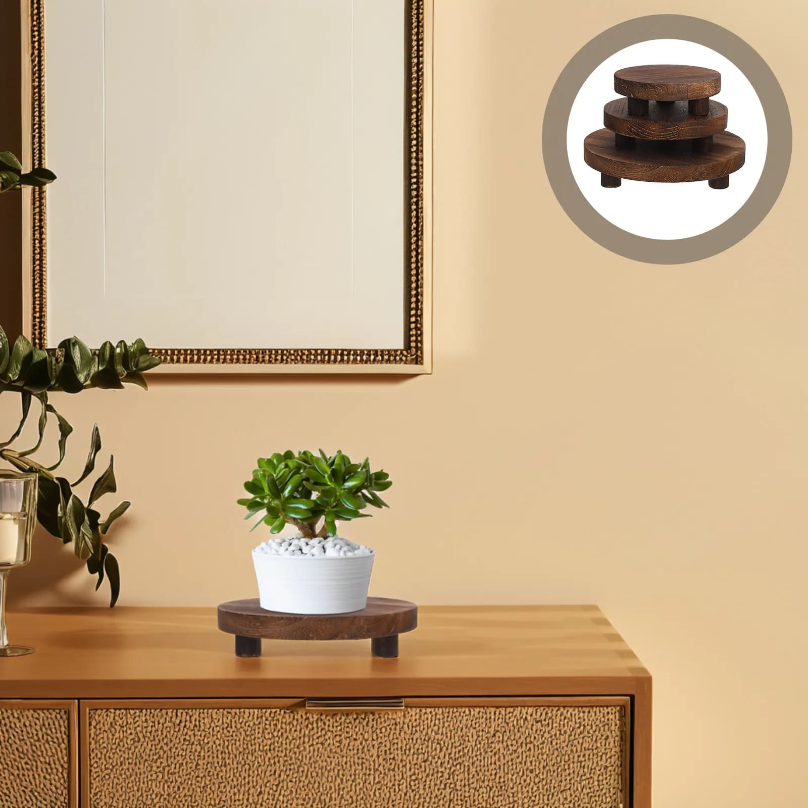 3Pcs Wooden Plant Stand Set Natural Finish Flower Pot Holder Decorative Risers for Indoor Outdoor Succulent Display Shelf