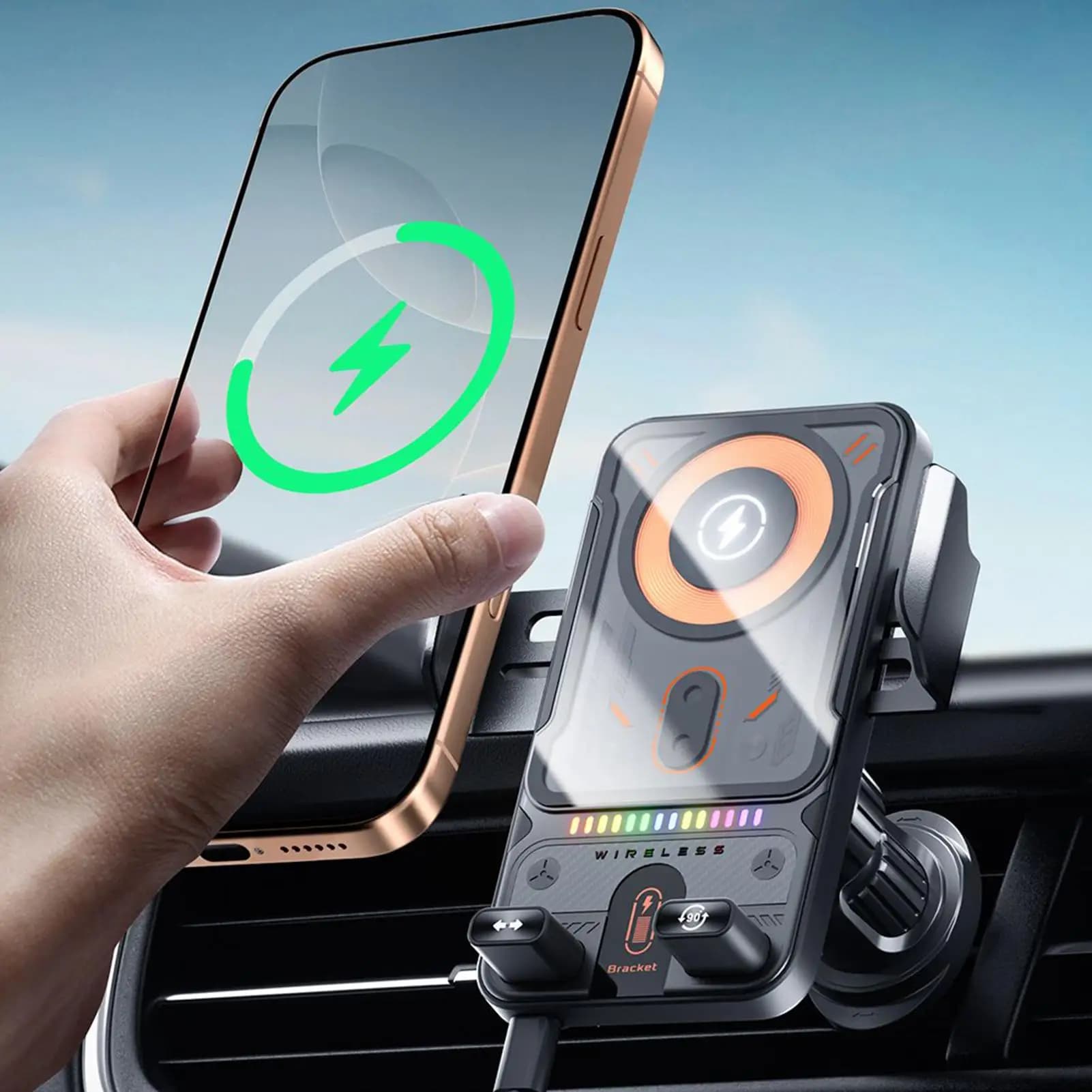 Supporto per Telefono da Auto con Apertura e Chiusura Elettrica Rotante, Ricarica Rapida Wireless 15W, Doppia Bobina, Luce RGB per Smartphone