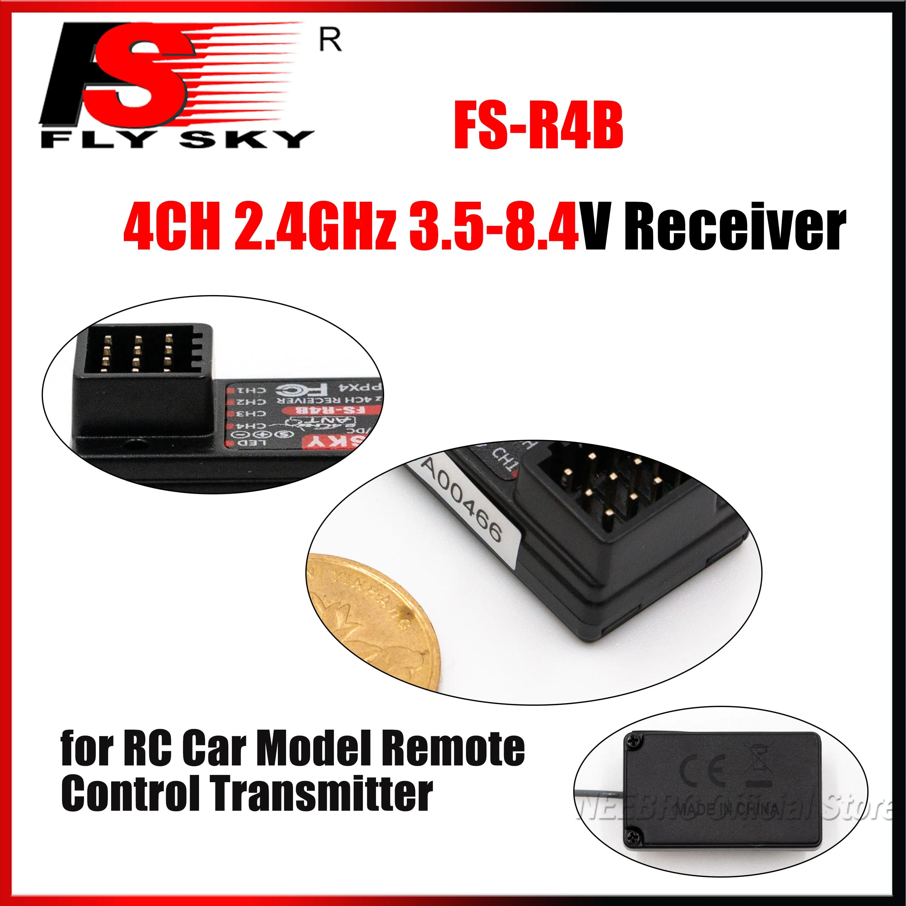 Ricevitore PWM Mini FLYSKY FS-R4B a 4 Canali 2.4G, 3.5-8.4V, Antenna Singola ANT per Trasmettitore Telecomando RC Auto e Barca