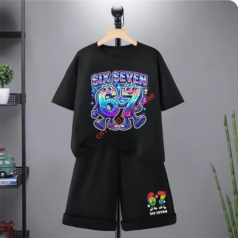 T-shirt per bambini 67, 3-12 anni, estivo, con stampa Six Seven, a maniche corte, simpatico e divertente, alla moda, per bambini e bambine, top + pantaloncini, set casual 2 pezzi