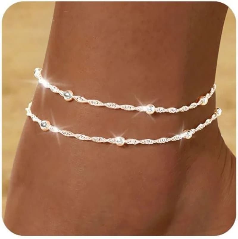 Braccialetti alla caviglia impermeabili in oro argento per donna Cavigliere con perline intrecciate a doppio strato in acciaio inossidabile placcato oro 14 carati per ragazze