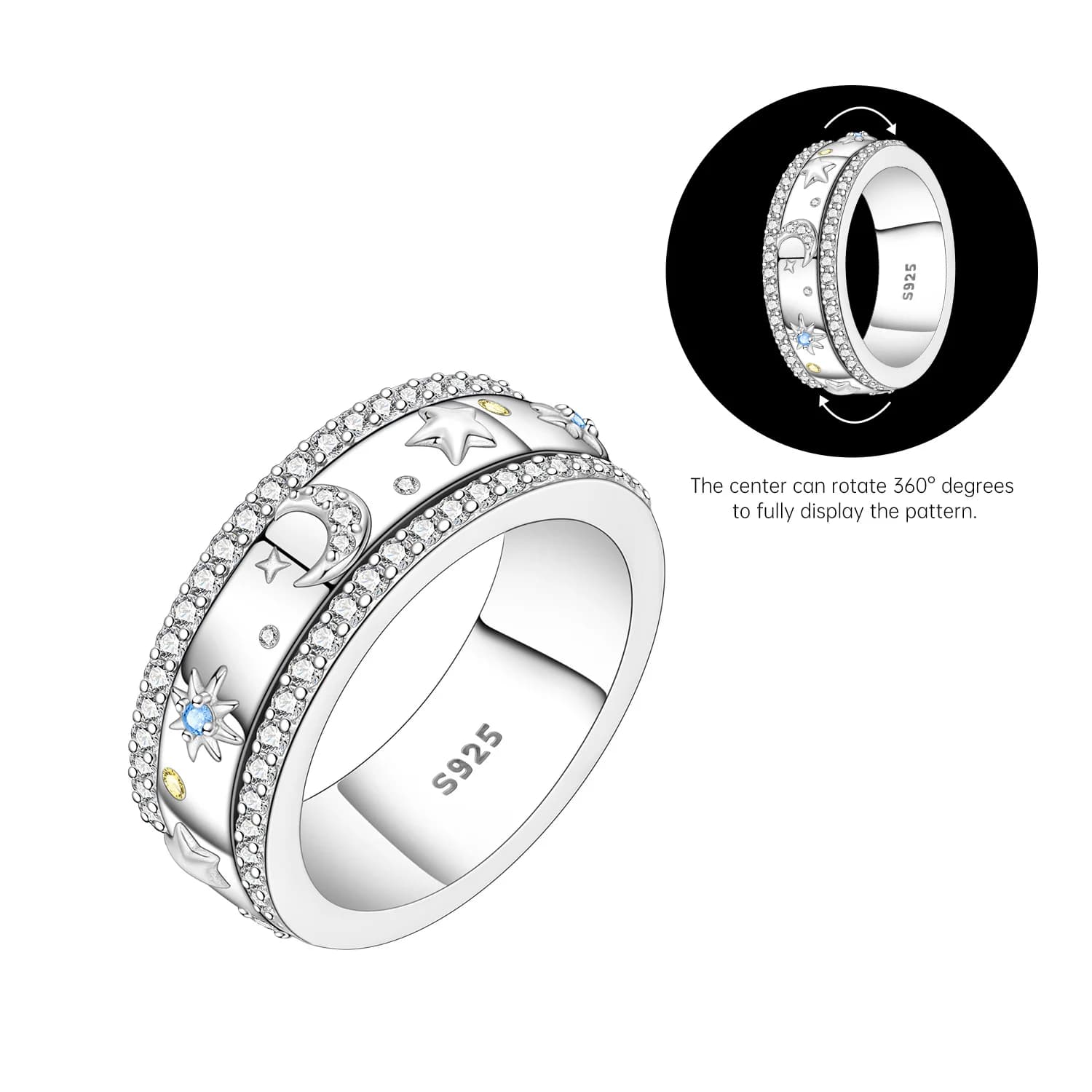 Cycuff S925 Sterling Silver Rotating Star Moon Closed Ring For Women Finger Ring Personality Jewelry Party Trendy Gifts