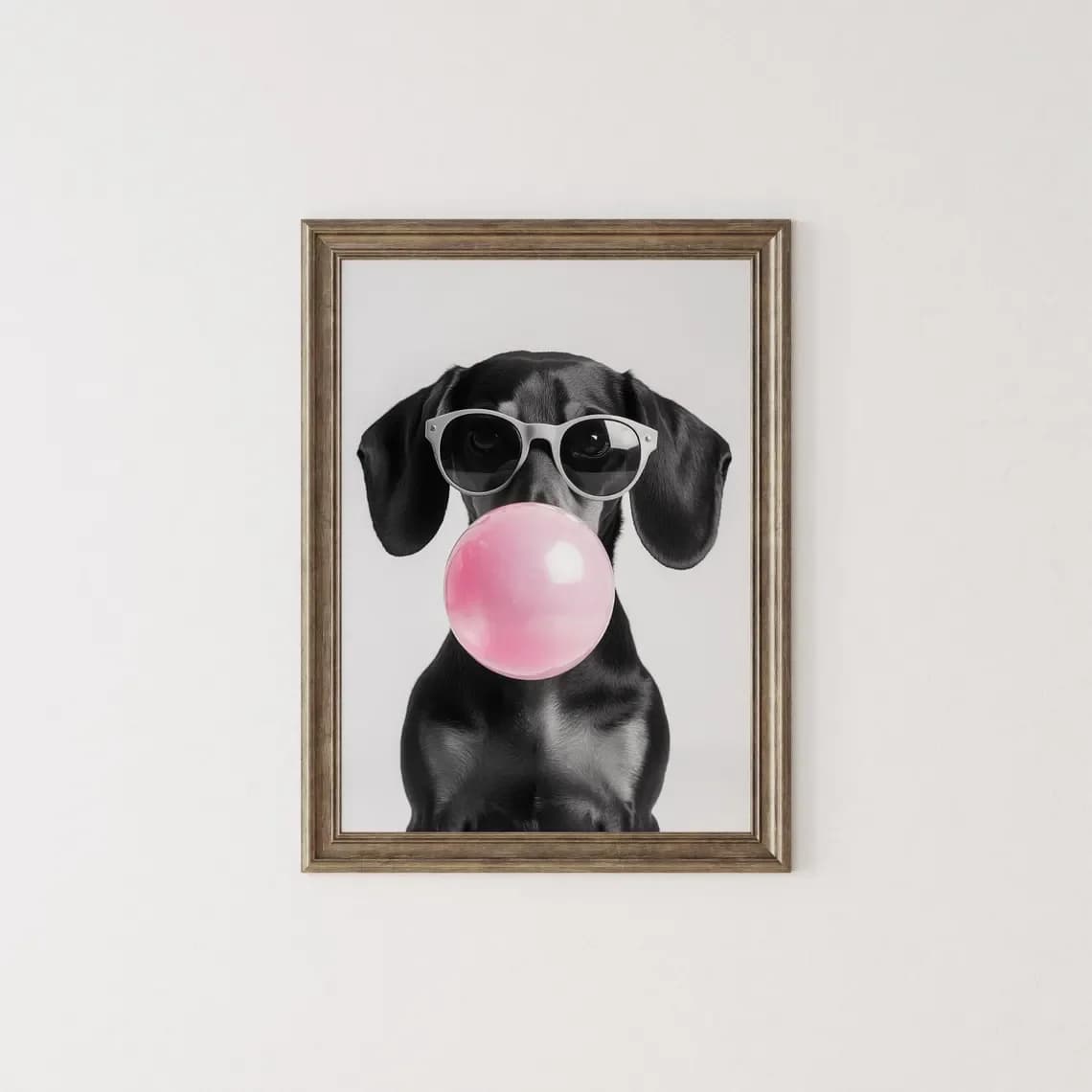 Dachshund Bubble Gum Wall Art: Funny Black Wiener Print, Trendy Doxie Poster, Pop Art Dog Portrait, Black & White Decor