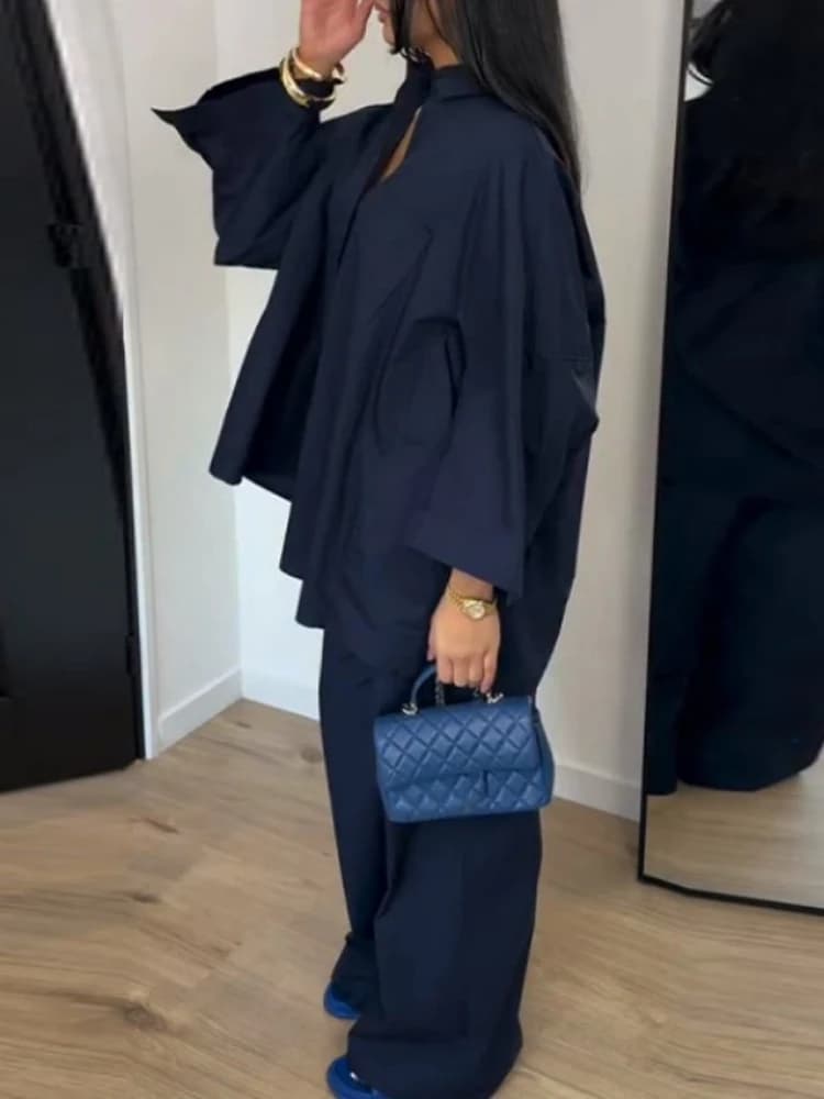 Fashion Commute Lapel Button Outfits Casual Long Sleeve Shirts & Wide Leg Pant Suits 2026 Women Elegant Pocket Solid Loose Sets