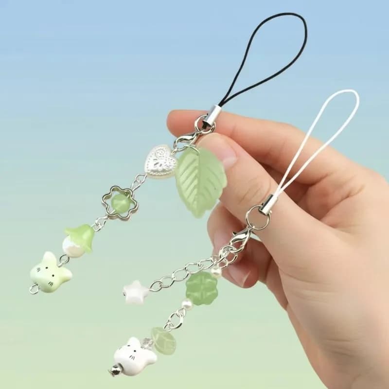 Handmade Four Leaf Clover Beaded Phone Charm Y2K Cute Cat Totoro Keychain Cybercore Cell Phone Chain Pendant Key Ring Bag Decor
