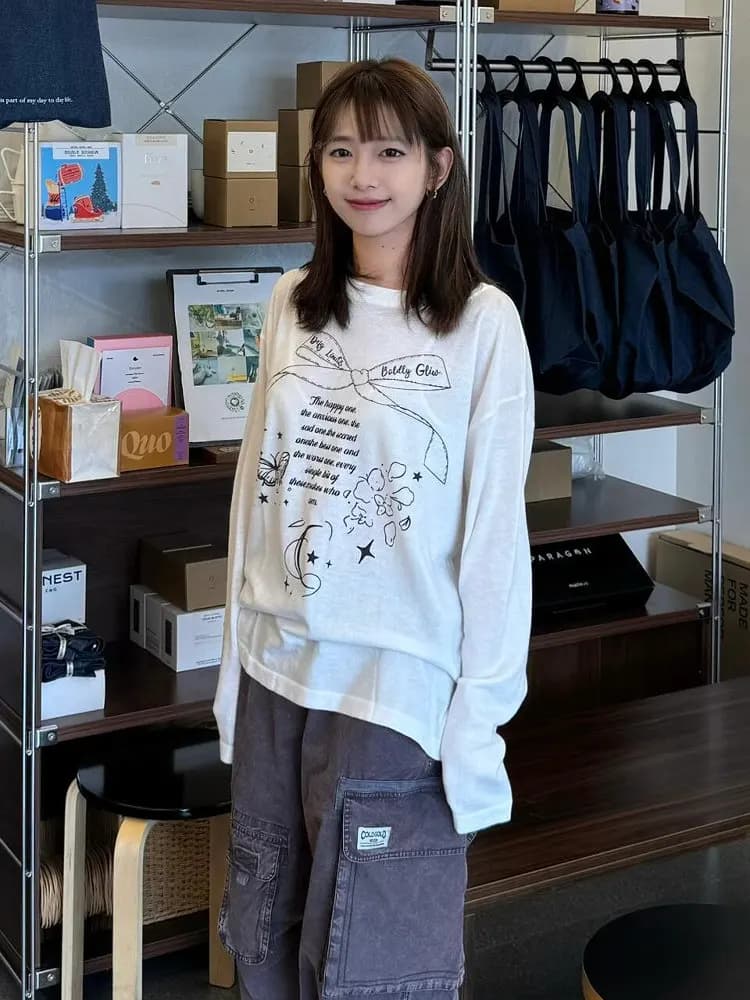T-shirt casual a maniche lunghe con stampa anti-UV, top primaverile/estivo da donna, comoda maglietta in cotone alla moda.