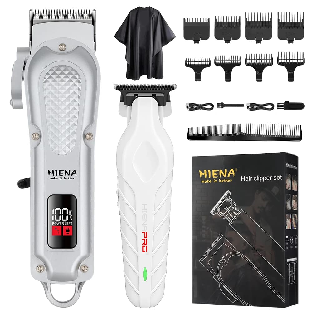 Kit Tagliacapelli e Regolabarba HIENA Professionale Senza Fili con Display LCD, Ricaricabile USB, Strumenti per Taglio Capelli da Uomo