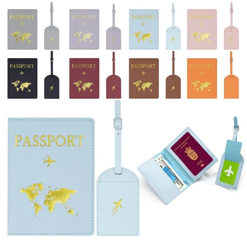 Set di etichette per bagagli per borsa per passaporto con design in pelle PU con stampa dorata - Portabagagli per passaporto Nuovo set di etichette per bagagli