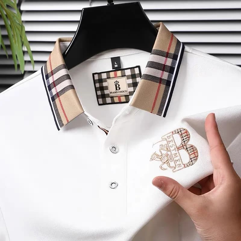 Polo da uomo estiva in cotone premium con colletto, confortevole, traspirante, morbida, versatile per il business, da golf, a maniche corte, con ricamo artistico
