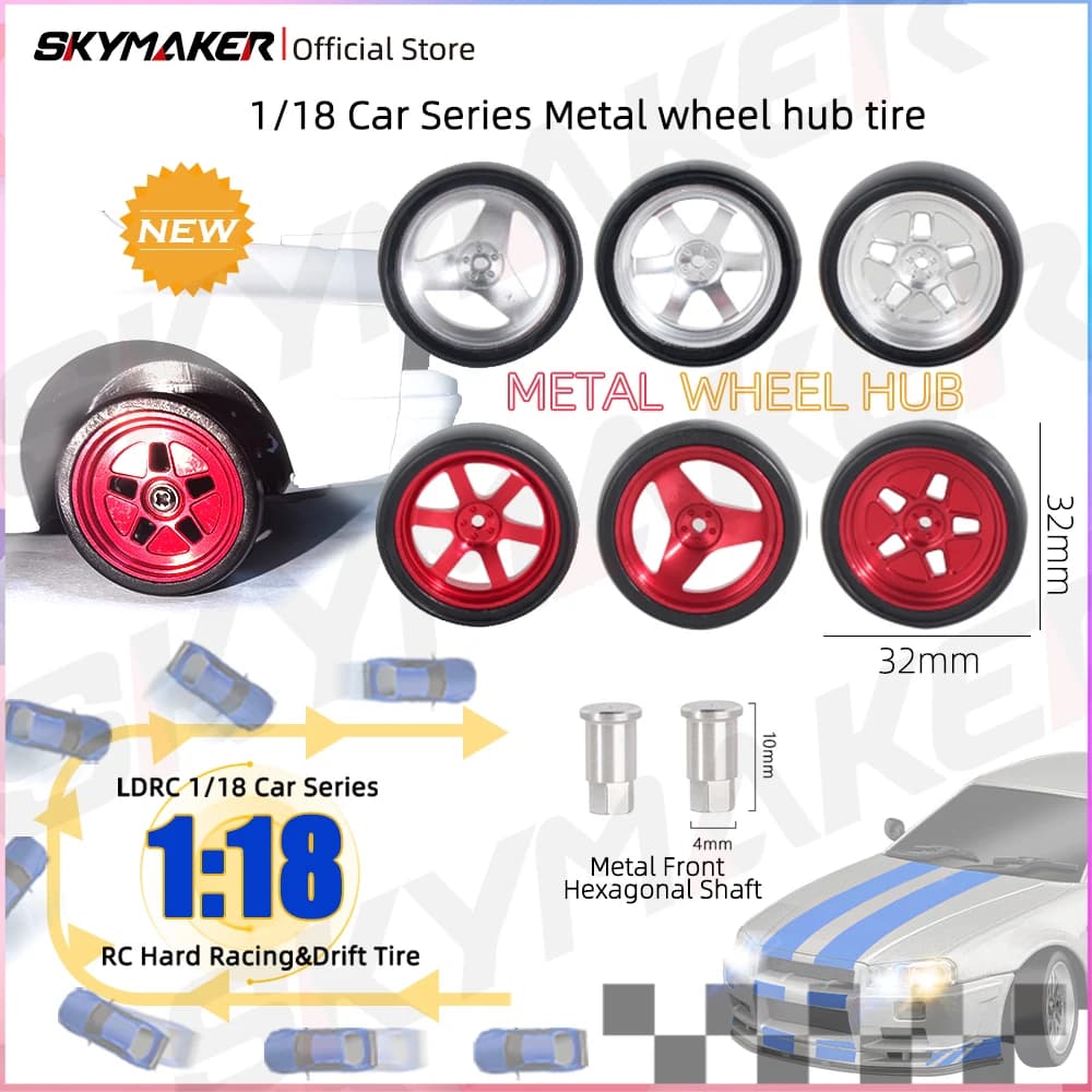 1/18 RC Car Metal Wheel Hub Tire for 1:18 LDRC LD1801 LD1802 LD1803 LD1804 RC Hard Drift Tire Upgrade Metal Parts 32mm For LDRC